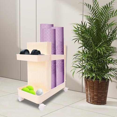 Workout Equipment Storage Cart, Floor Standing Multifunctional Fitness Gear Organizer Rack with Wheels for Home Gym, Yoga Studio, Gray - color: Creamy Yellow