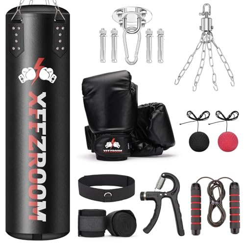 Punching Bag for Adults, 4ft PU Leather 6 in 1 Heavy Boxing Bag Set, Punching Bag with 12oz Boxing Gloves, Hand Wraps, Hanging Bag for MMA Karate Kickboxing Muay Thai Boxing Home - Unfilled - color: Red