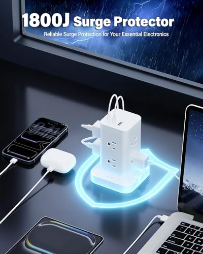 Power Strip Tower with Surge Protector 1800J, Fast Charging Tower PD20W USB-C Ports with 8 AC Outlets, Extension Cord for Home Office Dorm Room, White, 6FT - color: White, size: 6FT