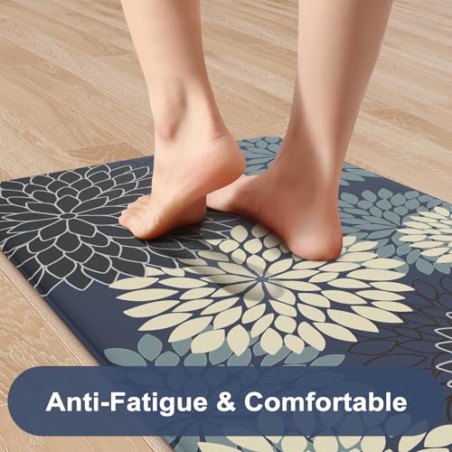 KIMODE Padded Anti Fatigue Rug Sets of 2, Ergonomic Standing Kitchen Rugs 2PCS, Boho Dahlia Kitchen Mats for Floor 2 Pieces Stain Resistant, Non Slip Kitchen Sink Floor Mat, 20"x32"+20"x47", Blue - color: Multi-blue, size: 20" x 47"+20" x 32"--0.47 inches