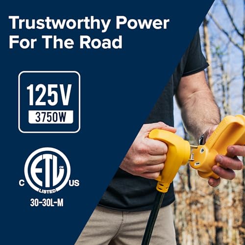 Camco PowerGrip 25-Ft 30 Amp RV Extension Cord w/Locking End - Features NEMA TT-30P Male & Marine-Style L5-30R Locking Female Connectors - Rated for 125V/3,750W - 100% Copper 10-Gauge Wire (55501) | 25-Ft 30a Rv Extension Cord, Nema Tt-30p Male to Marine-