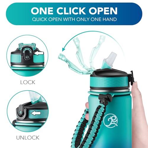 GOSWAG 24oz Insulated Stainless Steel Travel Water Bottle, 2 Lids | with straw and no straw, Paracord handle, Double-wall vacuum keeps drinks cold or hot, Leakproof tumbler - color: Green-Blue Ombré