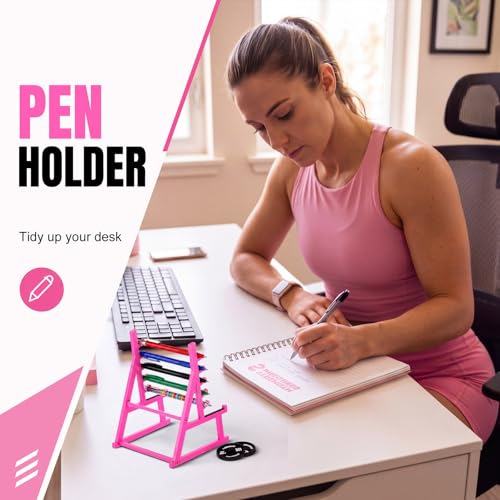 Gerrii Barbell Rack Pen Holder Squat Rack Pen Holder Hot Pink Mini Gym Design Fun Desk Decor with Weights & Barbells, Gift Cards for Gym Lovers Weightlifting Fans Trainers Office Decor