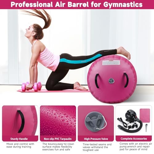 Air Barrel - Air Roller Gymnastics Barrel for Back Handspring Trainer, Air Tumble Mat with Pump for Gym Training/Yoga Balance Exercise/Cheerleading/Home and Outdoor Use - color: All Pink, size: 39.4x23.6inch