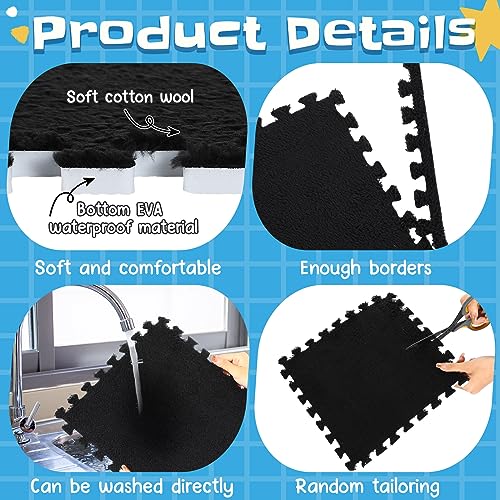Timgle 36 Pcs Interlocking Carpet Tiles Plush Foam Floor Mats with Border Fluffy Play Mat Floor Tiles Soft Climbing Area Rugs for Kids Home Playroom Decor, 12 x 12 x 0.4 Inch(Black)