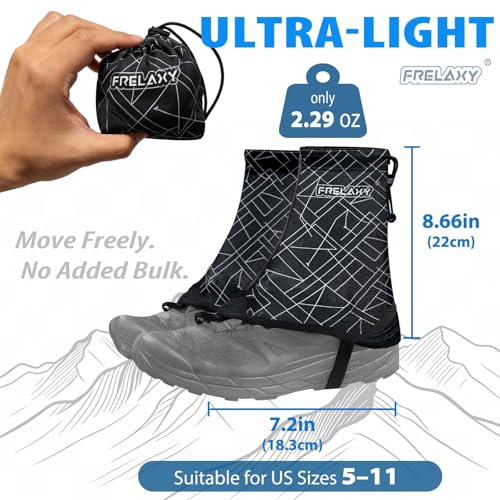 Frelaxy Ultralight Trail Gaiters, Low Shoe Gaiters for Hiking and Running | Breathable fabric, Wear-resistant design, Hypalon underfoot strap, Blocks rocks, mud, dust, Secure fit - color: Black
