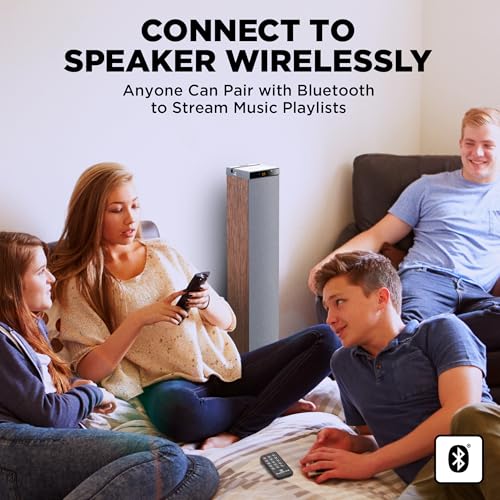 GOgroove Bluetooth Tower Speaker with Subwoofer Built in - Floorstanding Home Speaker with Powerful Bass and Dual Drivers, 120W Peak Power, MP3 3.5mm Aux, USB 2.0 Port Flash Drive, FM Radio (Walnut) - color: Brown