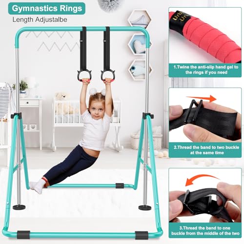 RINREA Gymnastic Bars for Kids, Adjustable Height Horizontal Bar for Home | 5-Height 35"-51", Foldable & Space-saving, Indoor Outdoor Training Kip Bar, with Gymnastics Rings & Gymnastics Pad - color: Green
