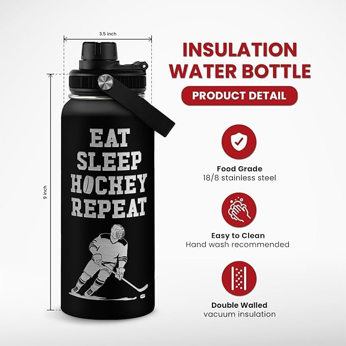 SANDJEST Ice Hockey Insulated Engraved Stainless Steel Water Bottle 32oz, Vacuum Chug Lid Travel Tumbler For Men Friends Hockey Lovers Fans Coaches,Birthday Christmas - color: Ice Hockey