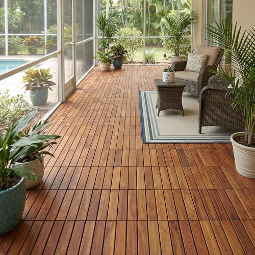 Bare Decor EZ-Floor Interlocking Flooring Tiles in Solid Teak Wood Oiled Finish (Set of 10), Long 9 Slat - size: 10 Tiles (10 sq ft)