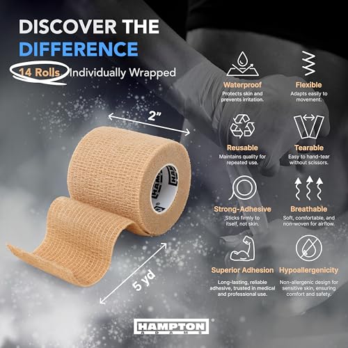 Hampton Adams | As Seen on Shark Tank | Self Adhesive Bandage Wrap (14-Pack) | 15ft | Pet Safe | Breathable Athletic Elastic Cohesive Bandage for Sports Injury Ankle Knee Wrist sprains (Beige) - color: Beige