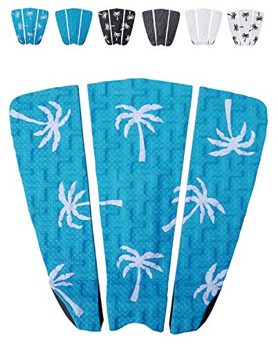 Ho Stevie! Premium Surfboard Traction Pad - Foot Won't Slip - 3 Piece, Full Size, Maximum Grip, Strongest 3M Adhesive - color: Aqua with White Palm Trees