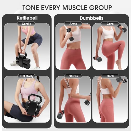 Adjustable 2-in-1 Convertible Kettlebell & Dumbbells Set, 4 in 1 Free Weights Dumbbell Set of 2, Each 2.2 3.3 4.4 5.5lb Quick Change Women Dumbbell Set for Home Exercise Training - color: Black