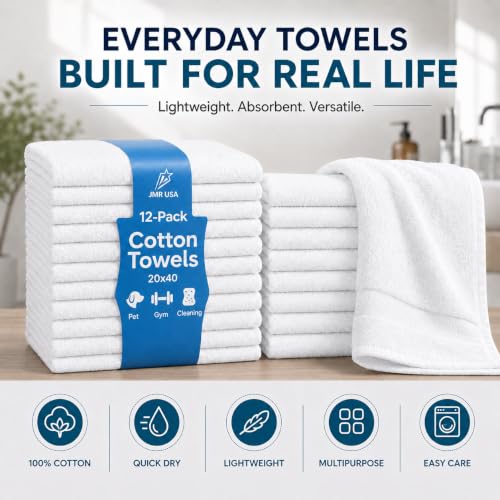 JMR White Bath Towels Bulk Pack of 36 (24x48) - 100% Cotton Lightweight & Quick-Dry Cotton Towels for Hotel, Rental Properties, Gym & Commercial Use - color: White-36 Pcs, size: 24X48