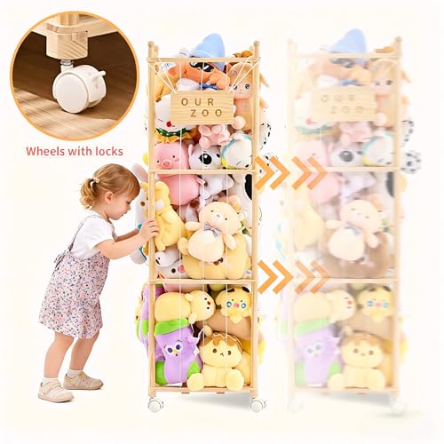 Stuffed Animal Storage & Organizer with Wheels, Wooden Stuffed Animal Zoo Storage with Elastic Band & Net, Space Save Toy Organizers, Plush Toy Holder for Kids Bedroom, Playroom and Nursery (Natural)