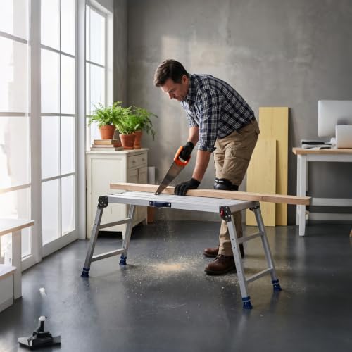 VEVOR Folding Work Platform, Adjustable Height 23-34.5 in, 40 x 18 in Aluminum Step Stool, 500 lbs Load Capacity, Heavy Duty Non-Slip Platform Ladder, Portable Work Bench for Painting, Maintenance