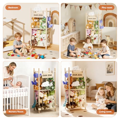 Dayacoco Stuffed Animal Storage, 2 Layer Wood Stuffed Animal Organizer Zoo, Toy Stuffy Storage Bin with Elastic Band and Net for Nursery Play Room Bedroom (Pine Wood) - size: 2 Tiers Without Wheels