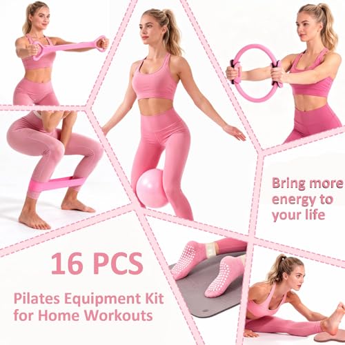 Pilates Equipment Kit for Home Workout,Home Pilates Ring and Ball Set for Women,16PCS Pilates Essentials Accessories for Beginners and Women Yoga