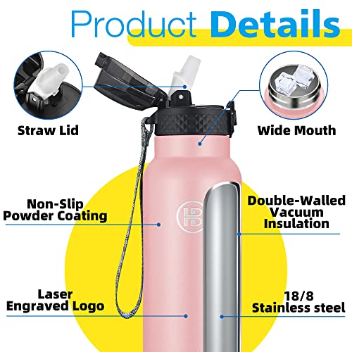 Han's Bottle Sports Water Bottle - 32 Oz, Straw Lid, Leak Proof, Vacuum Insulated Stainless Steel, Double Walled, Thermo Mug,Blush - color: Blush, size: 32 Ounces