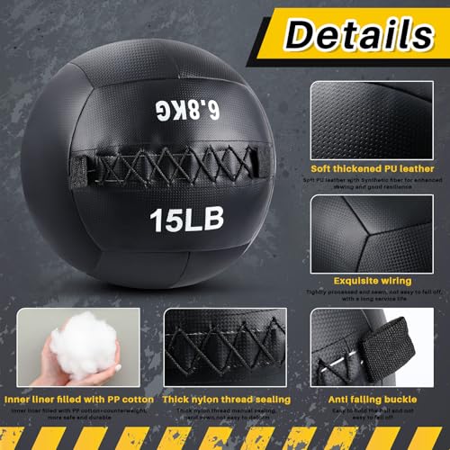 Lunmon Soft Wall Medicine Ball for Exercise Fitness Slam Weighted Med Ball with Non Slip Grip for Slamming Workout Strength Conditioning Core Training Lunge and Partner Toss - size: 15 lb