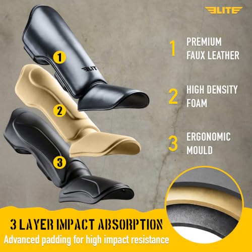 Elite Sports Muay Thai MMA Kickboxing Boys and Girls Shin Guards for Age 4 to 14 Years, Instep Guard Sparring Protective Leg Shin Kick Pads for Kids - color: Black, size: Large