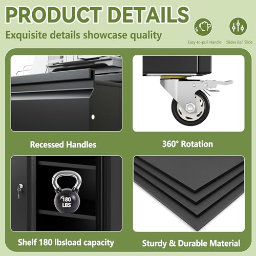 Mobile Large Lateral File Cabinet 3-Drawer,Home Office Rolling Filing Storage Cabinets with Lock & Wheels,Metal Printer Stand Office Storage A4,Letter Legal File Folders,Black - color: Black, size: 3Draws