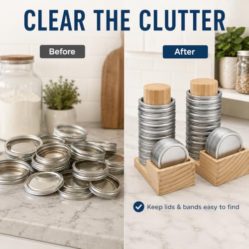 Mason Jar Lid Organizer, 2 Pack Wood Holder for Regular & Wide Mouth | Solid Pine Wood, 2-Pack Set, Regular & Wide Mouth, Holds 26 Rings & 44 Lids, Space-Saving Storage