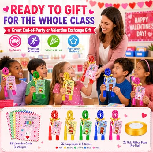 25 Set Jump Ropes for End of Year Student Gifts – 7.7ft Rainbow Adjustable Skipping Ropes Bulk with Cards for Teachers, Students, School Parties & Outdoor Activities - color: Rainbow