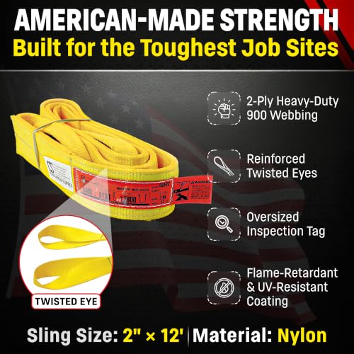 DD Sling (USA Made). 2" wide X (4' to 20' lengths) in Listing! 2 Ply Twisted Eye, Nylon Lifting Slings, Eye & Eye, Heavy Duty (900 webbing), 6,400 lbs Vertical, 5,100 Choker, 12,800 Basket Load Capacity (2inX12ft) - size: 2inX12ft