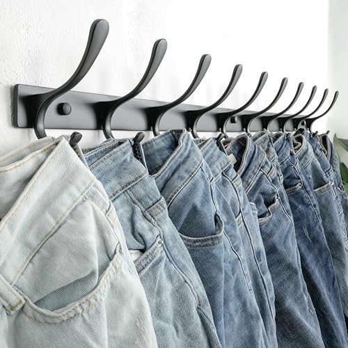 SKOLOO Coat Rack Wall Mounted - 10 Hooks, Heavy Duty, Stainless Steel, Metal Wall Hangers, Sturdy Coat Hooks for Hanging Coats, Jacket, Clothes, Hat, Black - color: Black, size: 10 Hook(1 Pack)