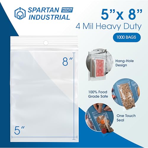 5" X 8" Heavy-Duty Zip Bags With Hang Hole for Displays (1000 Count) - 4 Mil Plastic Resealable Bags for Storage and Packaging - Spartan Industrial - size: 5" X 8"