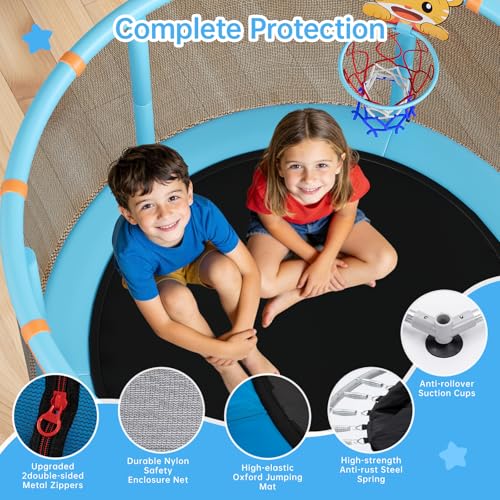 Full Wrap-Around Double Ring Legs 440lbsToddler Trampoline with Net,Trampoline for Kids - color: Blue, size: 60''