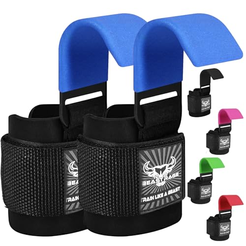 BEAST RAGE Weight Lifting Hooks (Pairs) for Men Anti Slip Durable Coated Grip Wrist Straps for Pull Ups Deadlift Strength Fitness Bodybuilding Women Hook Exercise - color: Blue