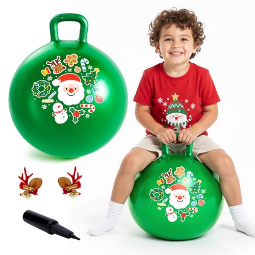 Hopper Ball for Kids 18In Sit On Bouncy Balls with Handle for Indoor Outdoor Active Play, Green Christmas Inflatable Boys Girls Gifts for 4 5 6 7 8 Years Old with Christmas Reindeer Ears - color: Green Christmas, size: Age:4-8(18''/45cm)