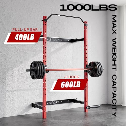 Folding Wall Mounted Squat Rack, 1000 Pounds Capacity Power Rack with Pull Up Bar, J Hooks and Other Attachments, Space Saving Multi-Functional Power Cage for Home Gym