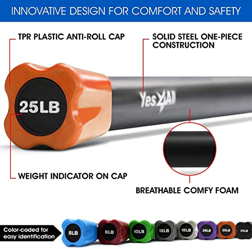 Yes4All Total Body Workout Weighted Bar, Resistance Band Bar, Racks for Strength Training, Exercise Bar for Yoga in Home and Gym - Single/Combo - color: Color-Coded, style: 25lbs Weighted Workout Bar