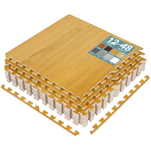 Sorbus 48 Sq. Ft. Wood Grain Floor Tiles Foam Mat EVA Interlocking Mats Tile 3/8-Inch Thick Flooring Wood Puzzle Exercise Mats w/Borders - Home Playroom Basement, Apartment, Trade Show, Baby, Dance - color: Light Grain, size: 12 Pack