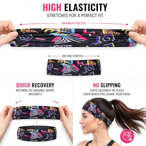 4Pcs 80s 90s Retro Headbands Neon Geometric Soft Sweatbands | Print Hair Head Bands, Wicking, for Women Men Athletic, for Fitness Running Cycling Hip Hop Party Style Hiking
