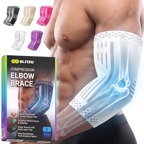 BLITZU Elbow Compression Sleeve for Tendonitis, Tennis Elbow Brace 2 Pack X | Targeted Arm Support, Joint Stability, Muscle Recovery, Workout Protection, Tendonitis & Arthritis Relief, All-Day Comfort - color: White, size: X-Large