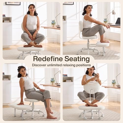 Fizzin Ergonomic Cross Legged Office Chair, Height Adjustable Swivel Desk Chair （White - color: White
