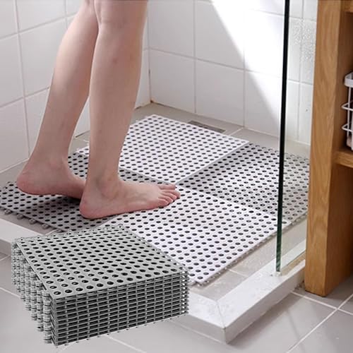 12Pack 12" x 12", Interlocking Rubber Floor Tiles Soft PVC Non-Slip Tile Splicing Shower Mat Outdoor Cushion Mat for Bathroom, Deck, Drain, Pool, Patio, Balcony, Kennel Grey