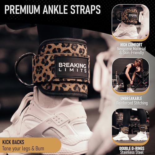 Breaking Limits Ankle Straps for Cable Machines Women - Cable Kick Back Set | Cable Kick Back Ankle Straps, Gym Cable Ankle Strap Attachment, Glute Leg Strap for Cable Machine, Neoprene, Double D-Rings - color: Leopard - Pair