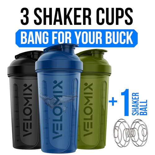 VELOMIX 3 Pack 14 oz Protein Shaker Bottle for Mixes - 1 Wire Whisk Ball | Stackable Leak Proof Cups | Dishwasher Safe, BPA-Free - color: Green,Black,Blue