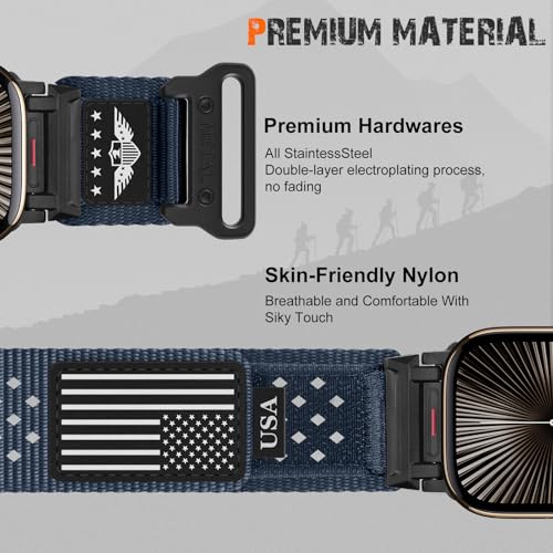 Rugged Nylon Band for Apple Watch Ultra 3/2/1 Series 11 10 9 8 7 6 5 4 SE/3/2/1 for Men,Breathable Stars-Stripes Flag Wristband Workout Athletic Strap for iWatch Ultra Bands 49mm 46mm 45mm 44mm 42mm - color: 04-Might Blue-Metal adapter, size: 49/46/45/44/
