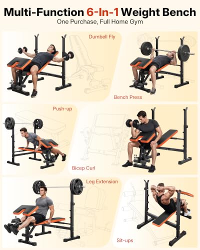 YOLEO Foldable Weight Bench for Small Home Gym, 6-in-1 Adjustable Workout Bench with Squat Rack, Compact Strength Training Equipment for Apartment & Garage Workouts