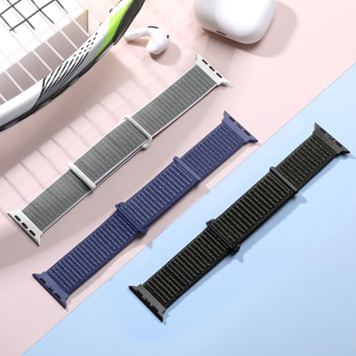 3 Pack Nylon Bands Compatible with Apple Watch Band 38mm 40mm 41mm 42mm 44mm 45mm 46m 49mm iWatch Series 10 9 8 7 6 5 4 3 2 1 Ultra SE, Adjustable Breathable Braided Sport Stretch Wristbands Women Men - color: 2-Black/Dark Blue/Rock Gray, size: 38mm/40mm/