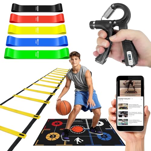 Basketball Training Equipment, Practice Training Mat, Dribble Trainer | Includes Basketball Training Mat, Agility ladder, Grip Strengthener, Resistance Bands, Improve Speed, Strength, ordination - color: Black, size: 42"*29"