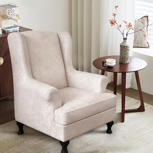 ANARACHON Leather Look Wingback Chair Covers, 2-Piece Wing Chair slipcover,Stretch Wing Back Armchair Slipcovers with Elastic Bottom, Soft Spandex Furniture Protector for Living Room (Beige) - color: Beige