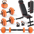 Rendpas 4-in-1 Adjustable Dumbbell Set with Foldable Weight Bench, Convert to Barbell Kettlebell Push-Up Stand, 800LBS Bench 10 Angles Incline Decline Flat, Home Gym Weight Set - color: Orange, size: 45LB Dummbell Set & Adjustable Bench