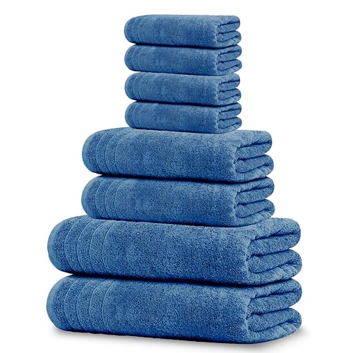 Tens Towels Pack of 8 Towels Set, 2 Extra Large Bath, 2 Hand, 4 Washcloths, 100% Cotton, Lighter Weight, Quicker to Dry, Super Absorbent, Perfect for Bathroom, Blue - color: Blue